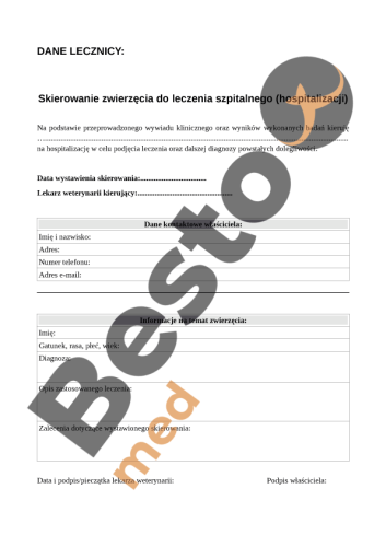 Überweisung eines Tieres zur stationären Behandlung